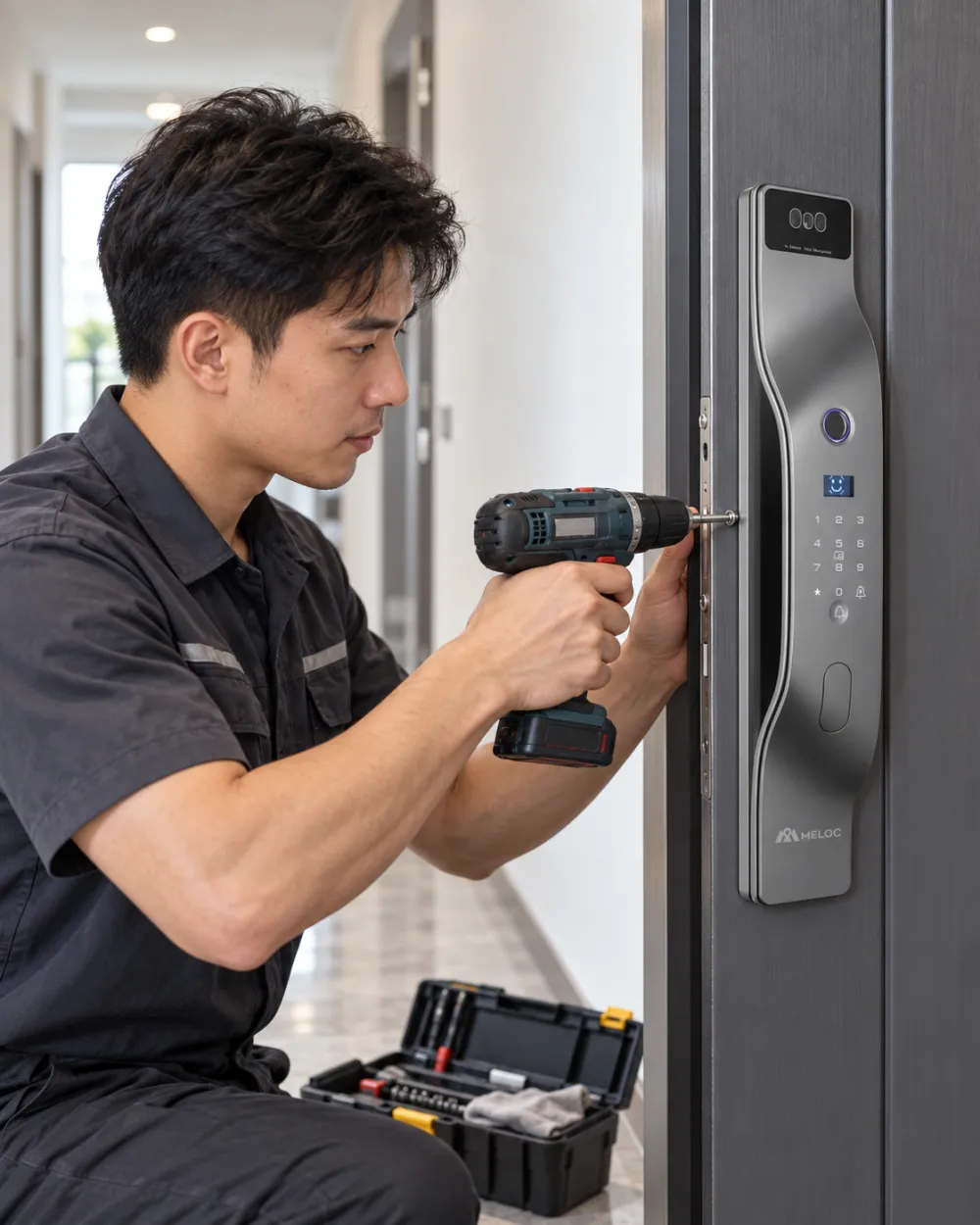 A Meloc installer fitting a smart lock